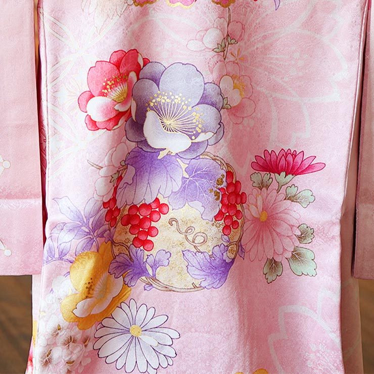 正絹] お宮参り 女の子 初着 産着 牡丹に花寄せ七宝 ピンク 桃色 花柄