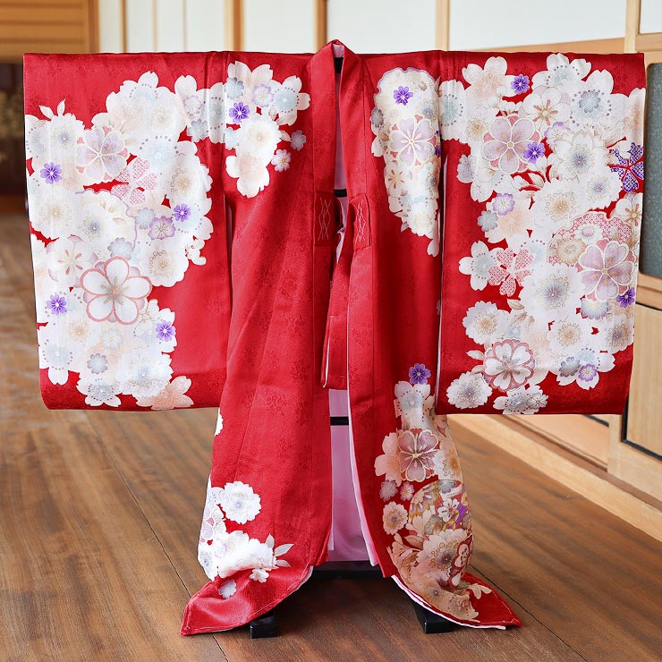 正絹] お宮参り 女の子 初着 産着 花尽くし鞠と檜扇 赤色 レッド
