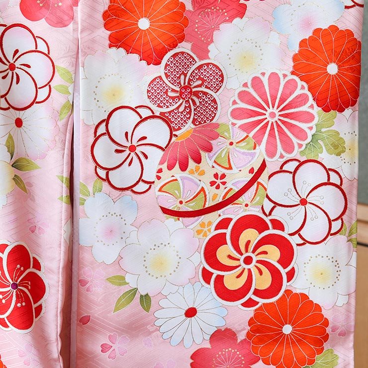 正絹] お宮参り 女の子 初着 産着 鞠に彩り桜花尽くし ピンク 白 赤 花