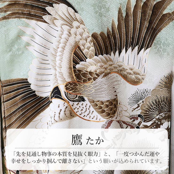 正絹 ] お宮参り 男の子 初着 産着 鷹に松と束ね熨斗 若緑色 グリーン