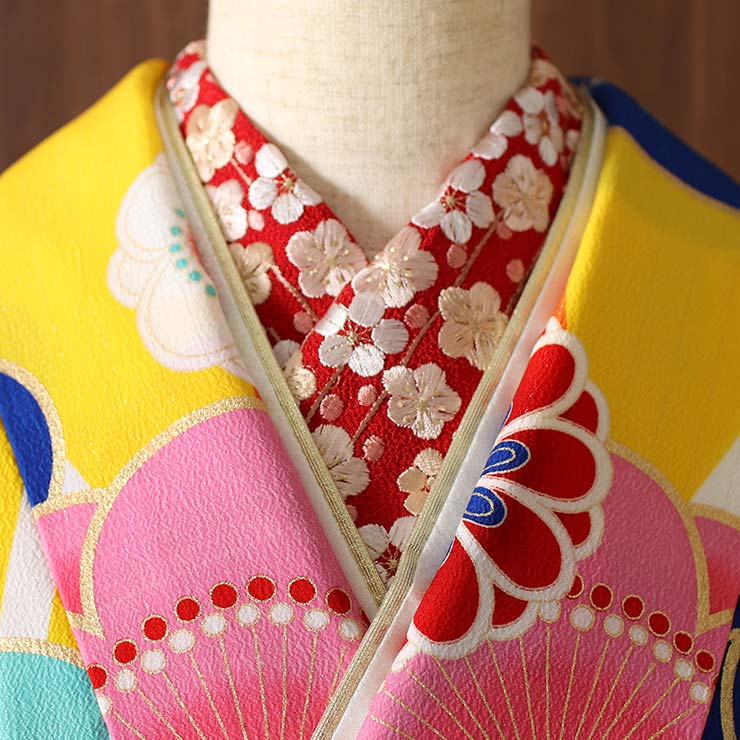 【つくね】振袖7点セット 白地振袖 袋帯 長襦袢 帯締 帯揚重ね衿刺繍半衿 成人式 振袖 7点 幾何学縞に梅 翡翠色 振袖セット 着物セット 帯