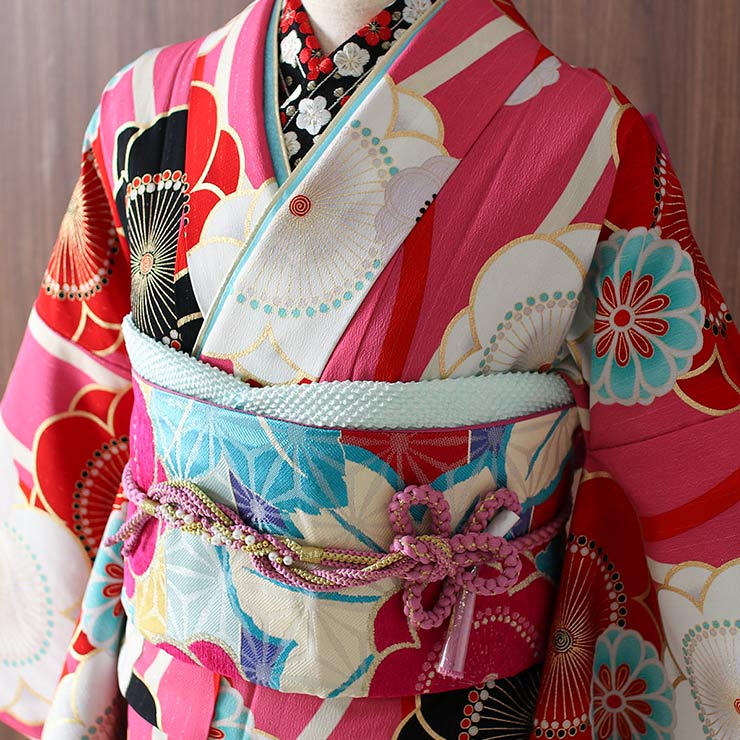 成人式 振袖 7点 立涌に梅 ピンク 赤 振袖セット 着物セット 花柄