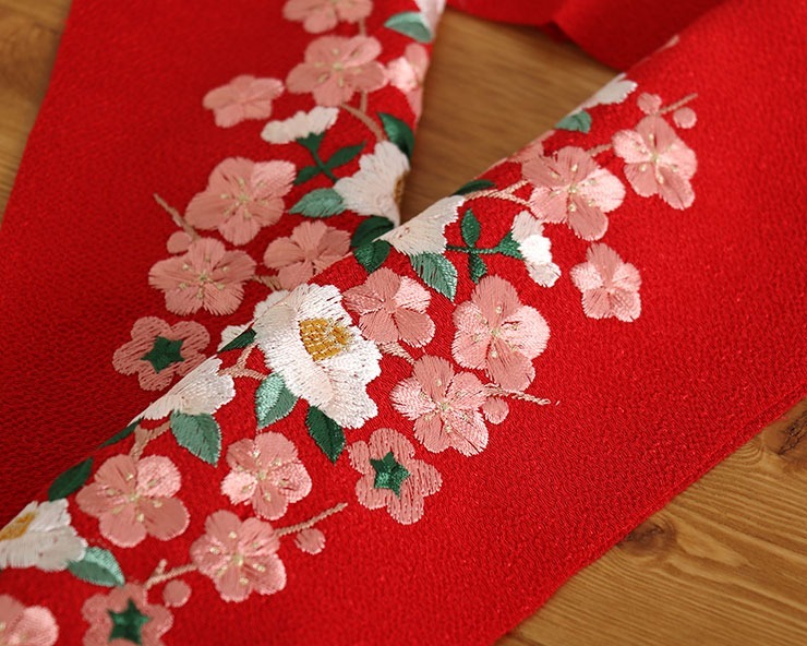 オンラインショップ 半襟 刺繍 刺繍半衿 梅椿 赤 椿 ツバキ つばき 梅 ウメ うめ 花 タワシ