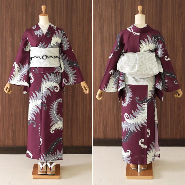 召しませ花 セオα] 着物 単衣 シダ (ボルドー) 洗える着物 涼花 東レ
