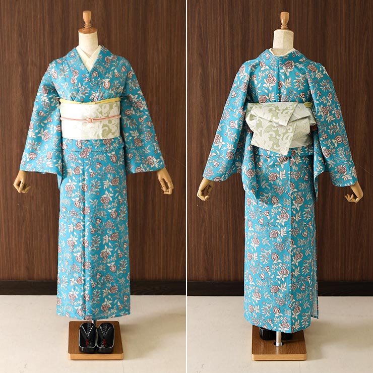 召しませ花 セオα] 着物 単衣 ボタニカル (ブルー) 洗える着物 涼花