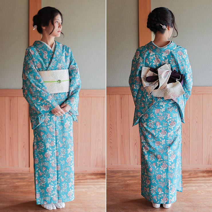 召しませ花 セオα] 着物 単衣 ボタニカル (ブルー) 洗える着物 涼花
