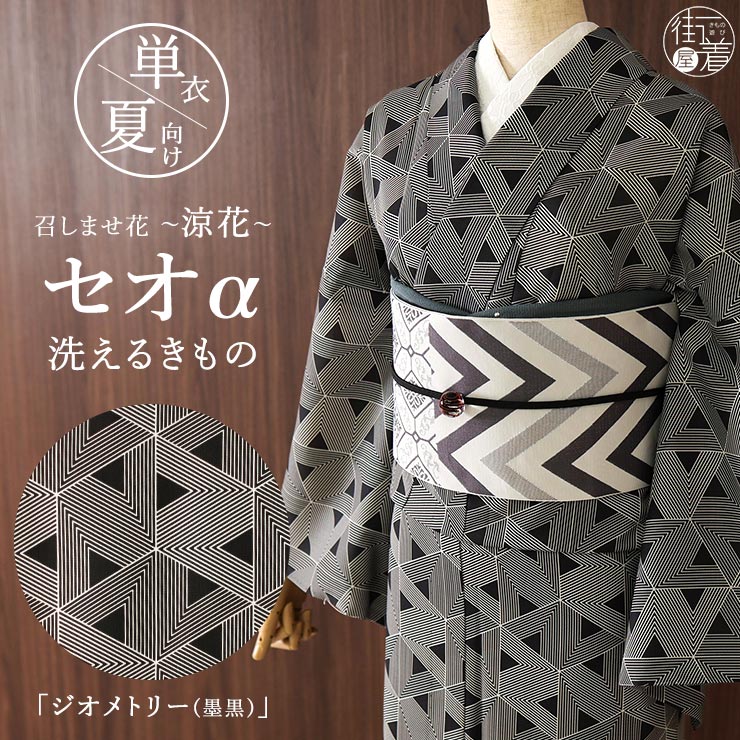 召しませ花 セオα] 着物 単衣 ジオメトリー (墨黒) 洗える着物 涼花