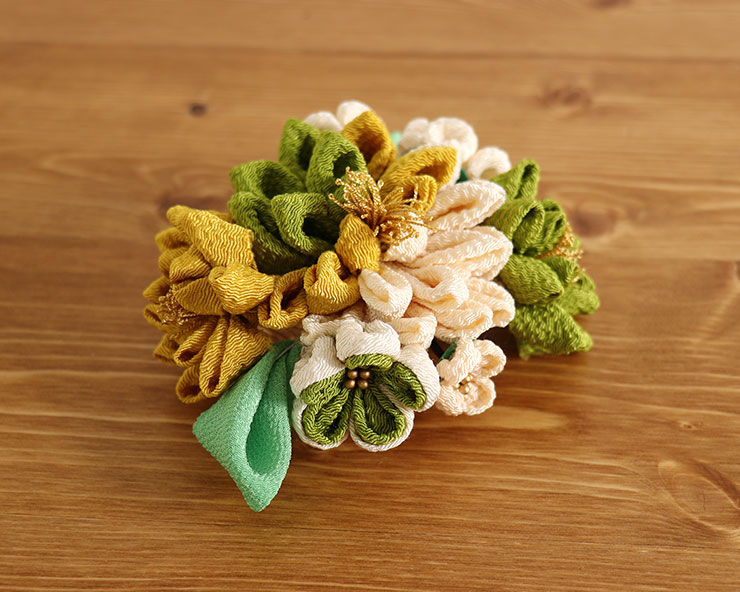 髪飾り 簪 ちりめん花つまみ細工 3点セット(カラシ×抹茶×クリーム) 黄
