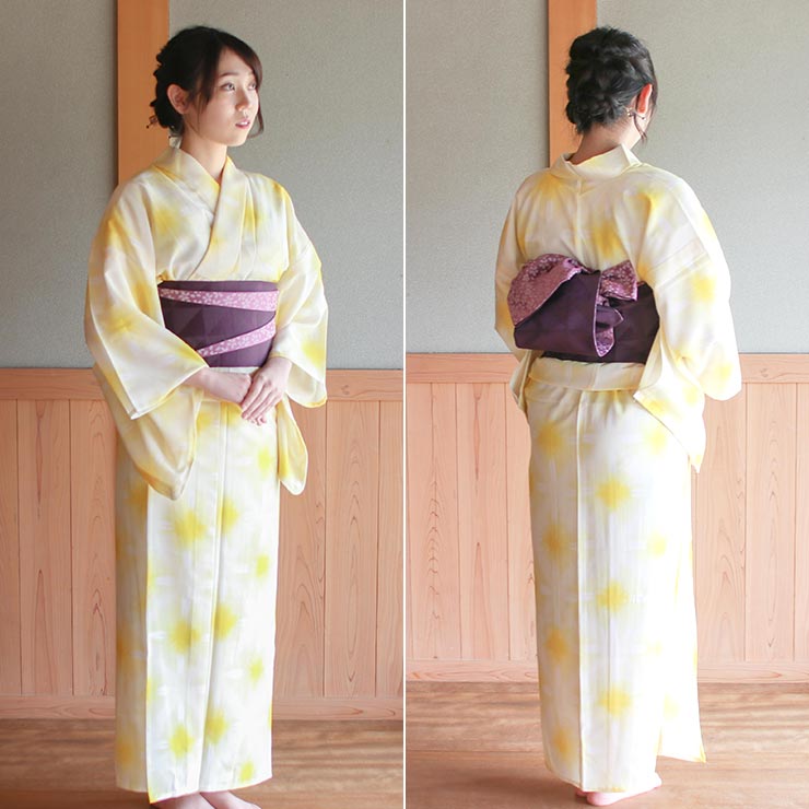セオα] 浴衣 反物 雪花絞り調 (クリーム×黄) 小紋 上品 古典 日本製