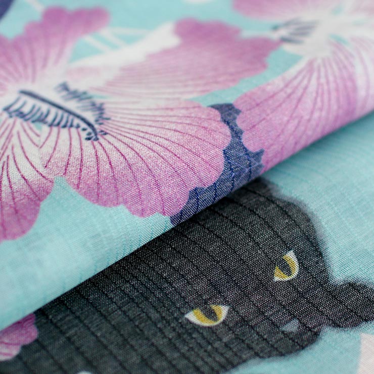 古布　半襦袢　両面染め　型染　藍染　蝶々　桜 東レ 爽竹×セオα 洗える 長襦袢] 芙蓉と猫 (薄グリーン) 反物 並幅 夏