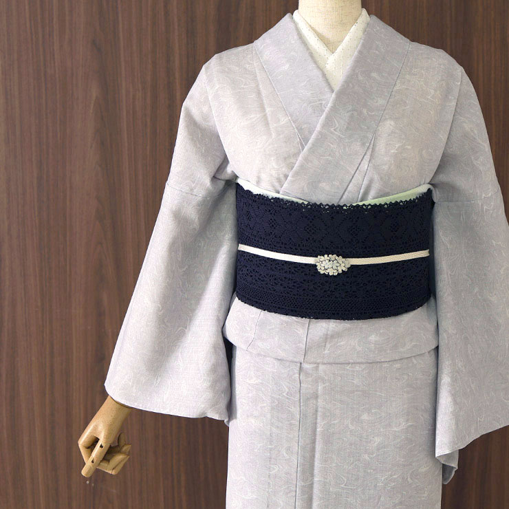 洗える 夏着物] 着物 単衣 墨流し(白鼠) グレー 洗える着物 セオ