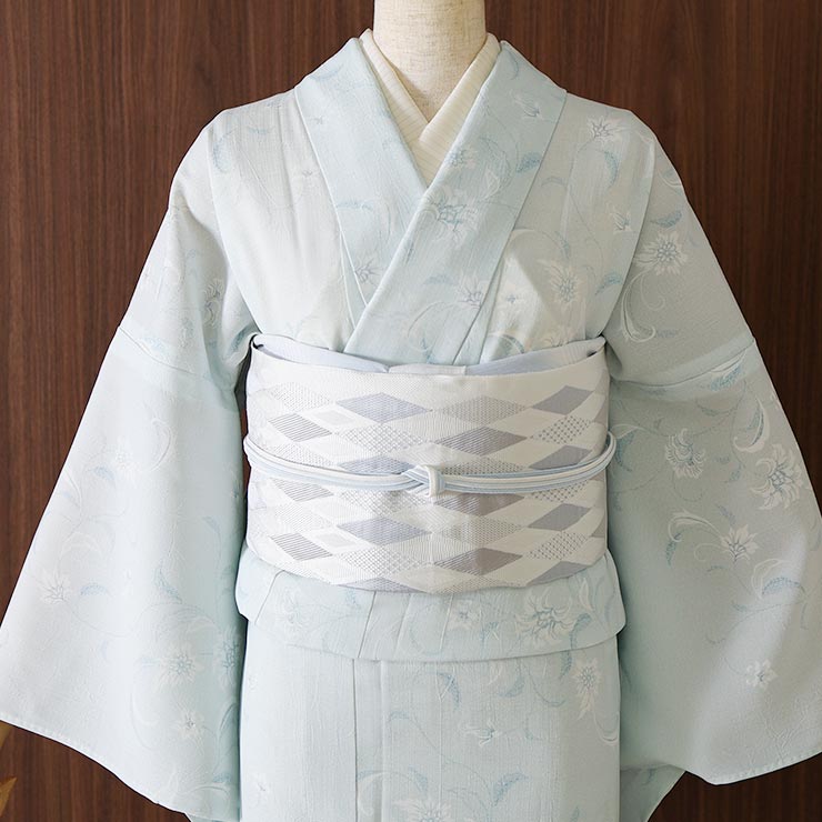 着物 単衣 薄花模様 (ブルー) 洗える着物 セオアルファ 単衣着物