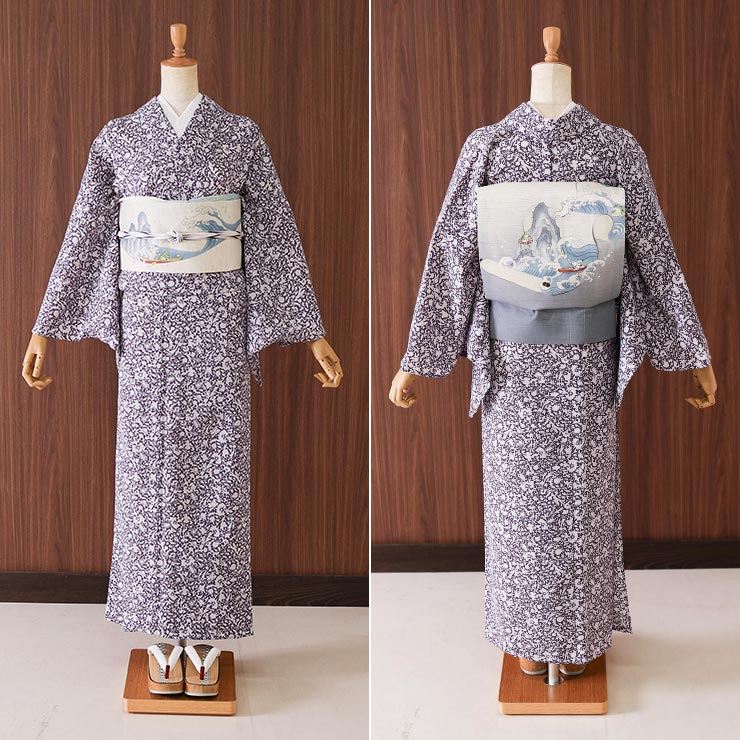[東レ セオα] 着物 単衣 蝋纈更紗 (濃紫×薄紫) 洗える着物 単衣着物 夏着物 洗える 花柄 浴衣 カジュアル セミフォーマル レディース 日本製 fj604sの画像