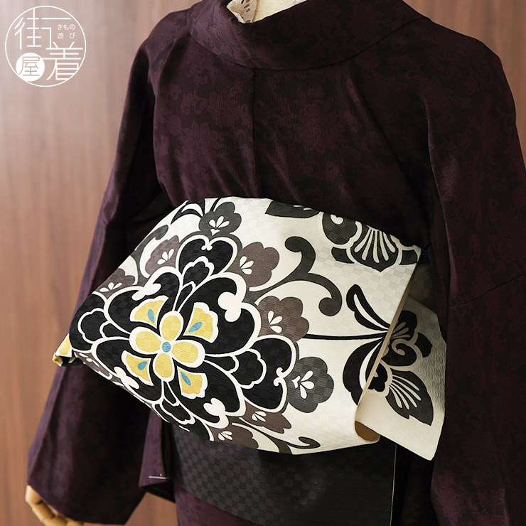 召しませ花 名古屋帯 染め 京袋帯 唐花紋 オフホワイト 日本製