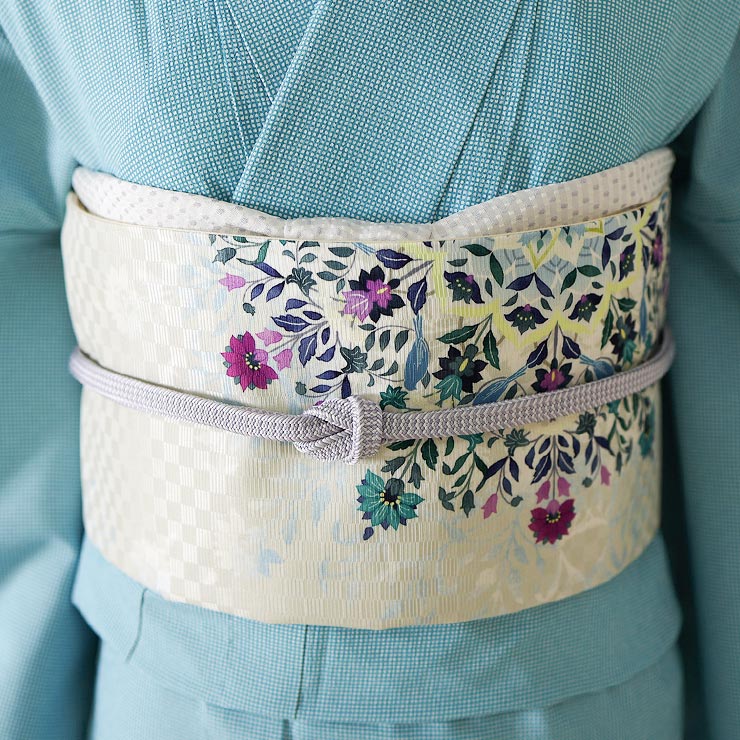 召しませ花 名古屋帯 染め 京袋帯 小花家紋 アイボリー 日本製
