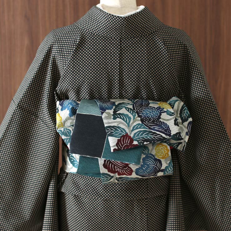 細帯 半巾帯 紬風 凛花（グレー MH27-A）単品 両面OK リバーシブル 花柄  青 灰色 水色 日本製 召しませ花 (ma510)の画像