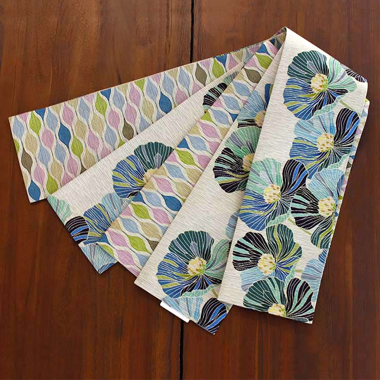 日本製] 細帯 半巾帯 紬風 アネモネ（グリーン/MH-47-A） 単品 両面OK