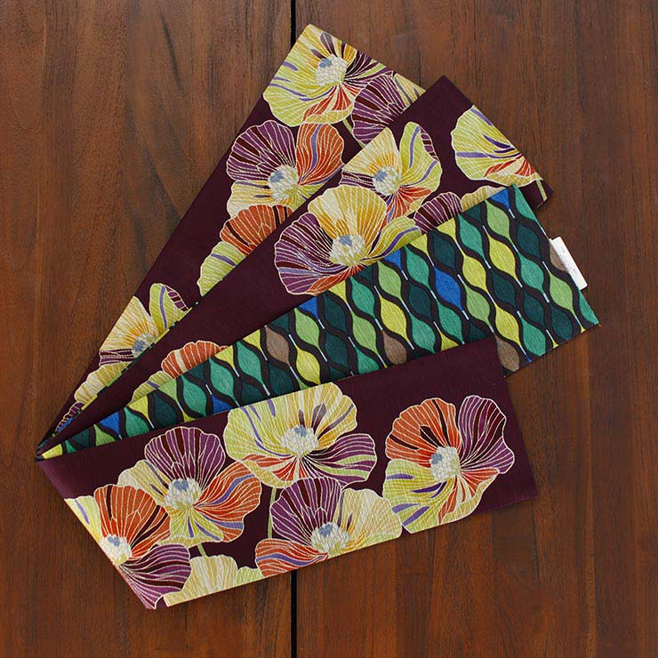 日本製] 細帯 半巾帯 紬風 アネモネ（ボルドー/MH-47-B） 単品 両面OK