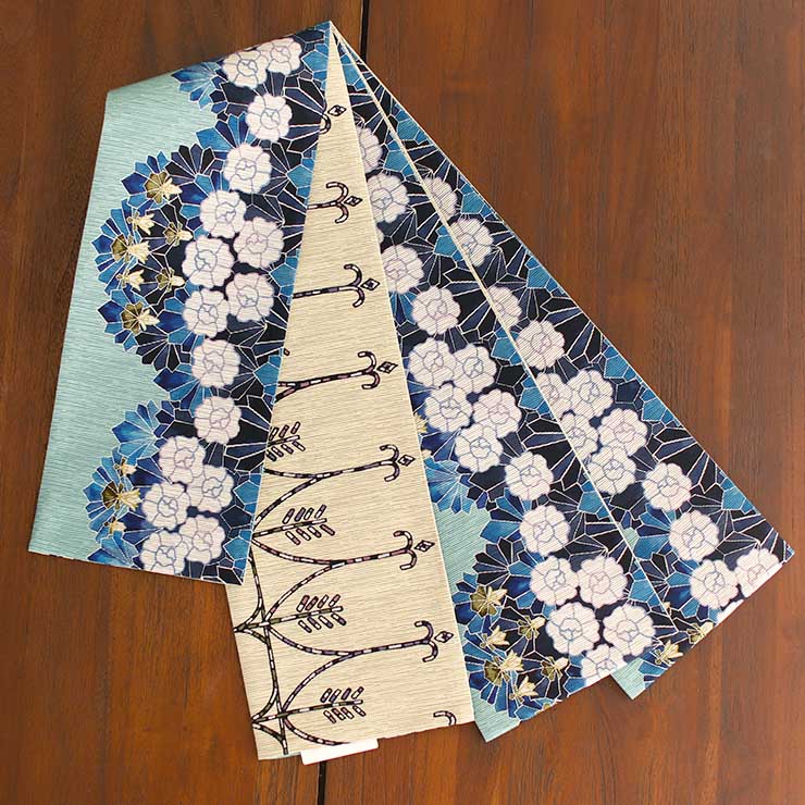 日本製] 細帯 半巾帯 紬風 花の杜（ブルー MH-71-B） 単品 両面OK