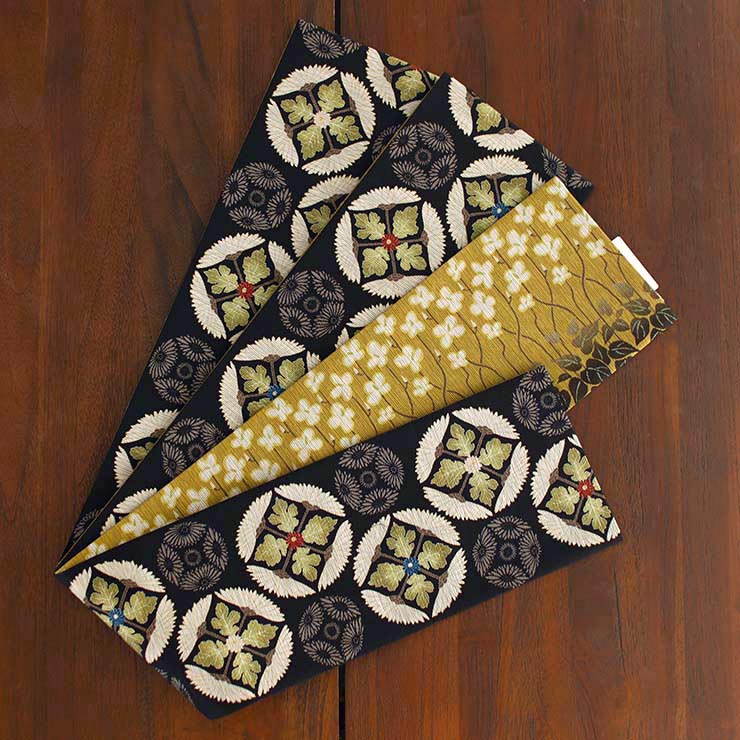 日本製] 細帯 半巾帯 紬風 菊重ね（クロ MH-75-B） 単品 両面OK