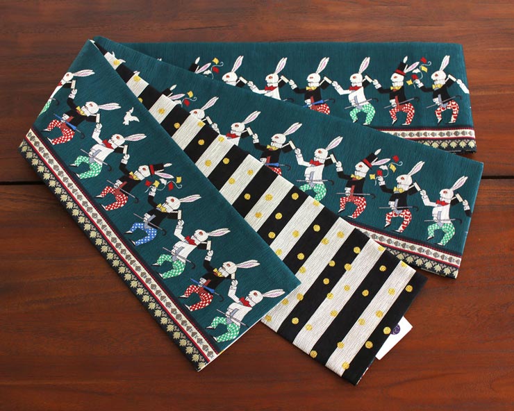 半幅帯 ラビット ターコイズ 半巾帯 細帯 リバーシブル 両面 長尺 染帯