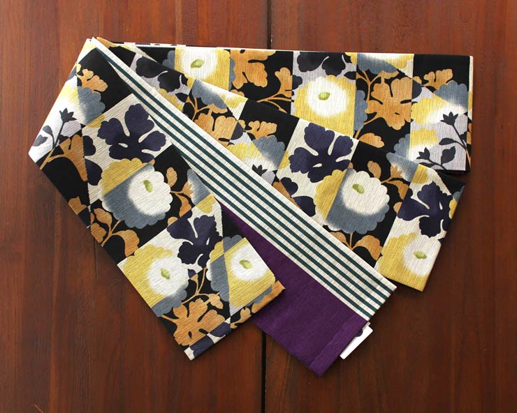 半幅帯 モダン菊 ブルー グレー 黄色 半巾帯 細帯 リバーシブル 両面