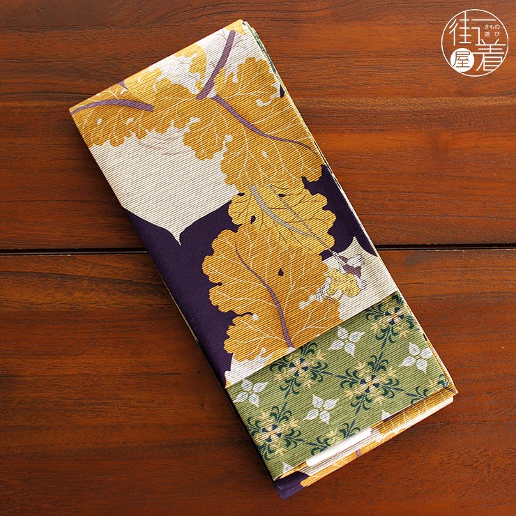 紬地袋帯 緑と茶色の葉模様