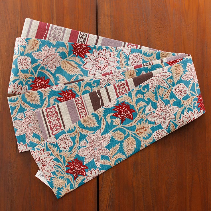 日本製] 細帯 半巾帯 紬風 紗羅 水色 単品 両面OK リバーシブル 更紗