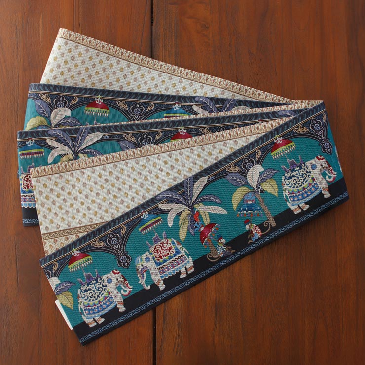 日本製] 細帯 半巾帯 紬風 オリエンタルトリップ 青緑 単品 両面OK