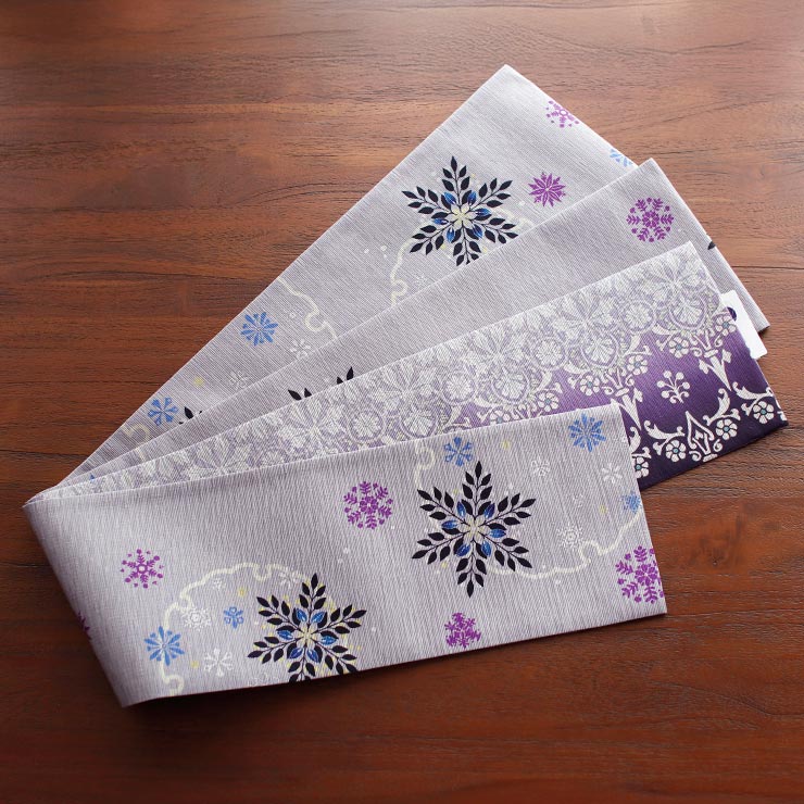 日本製] 細帯 半巾帯 紬風 雪花紋様 (グレー/950-2129-B) 単品 両面OK