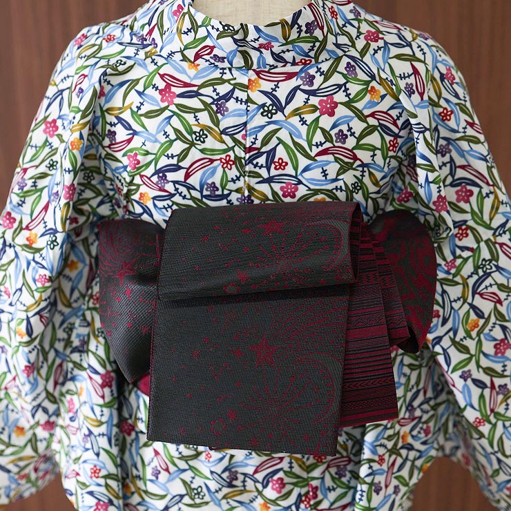 召しませ花 博多織 正絹 リバーシブル 半巾帯 アラベスク 日本製 半幅