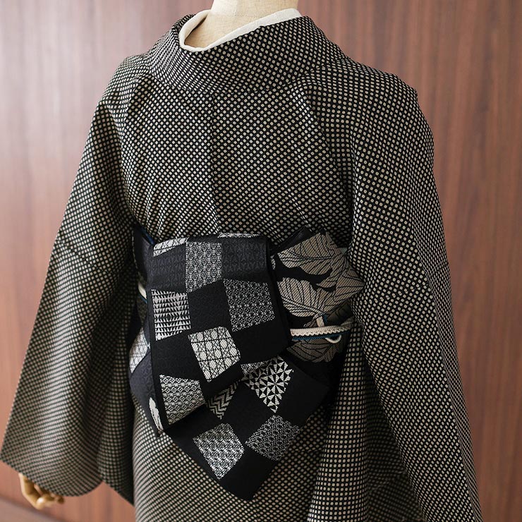 召しませ花 博多織 正絹 リバーシブル 半巾帯 芭蕉 黒色 日本製 半幅帯