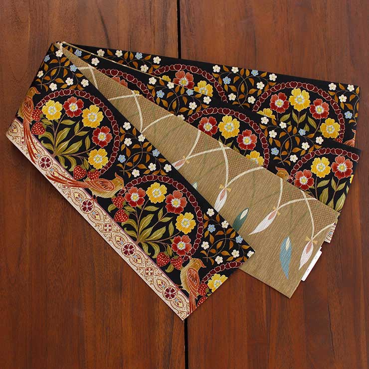 日本製] 細帯 半巾帯 紬風 いちご泥棒（黒/MH-38-B） 単品 両面OK