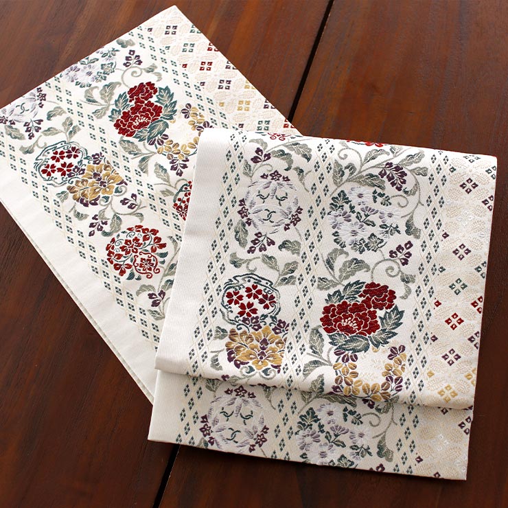 日本製 東レシルック 糸使用 洗える 袋帯 菱縞に四季草花 オフベージュ