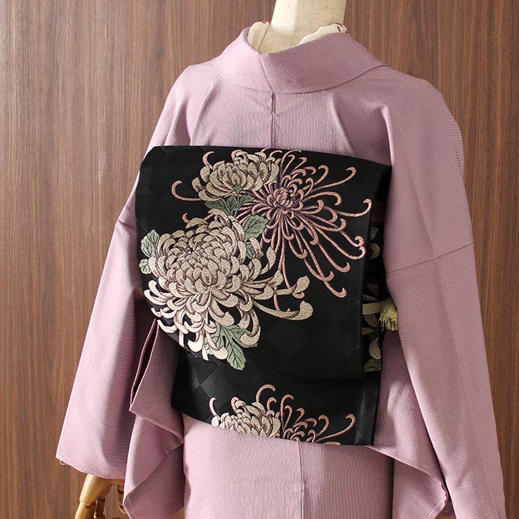 【未使用品】 東レシルック 糸使用 洗える 袋帯 織・乱菊（黒）花 フラワー 着物・浴衣