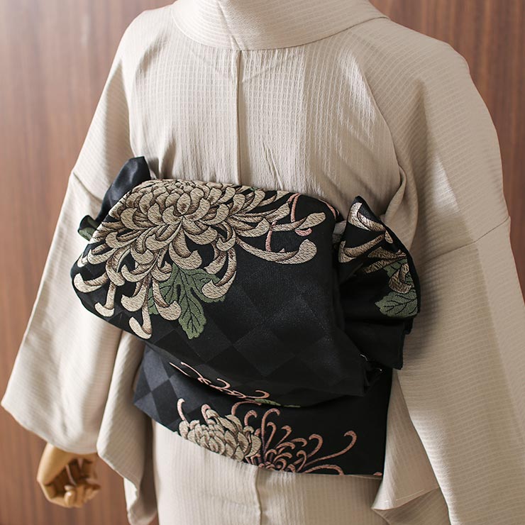 東レシルック 糸使用 洗える 袋帯 織・乱菊（黒）花 フラワー ブラック 