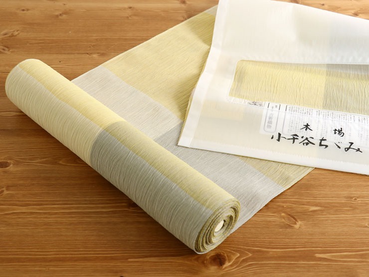 浴衣 夏用 反物 夏着物 小千谷ちぢみ 市松大 キイロ 天然素材 苧麻