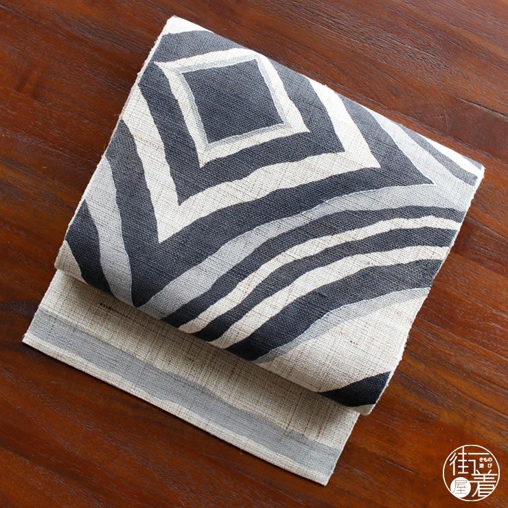 本麻] 夏名古屋帯 幾何学菱 (麻/墨黒色) 麻 リネン 京袋帯 名古屋帯 八