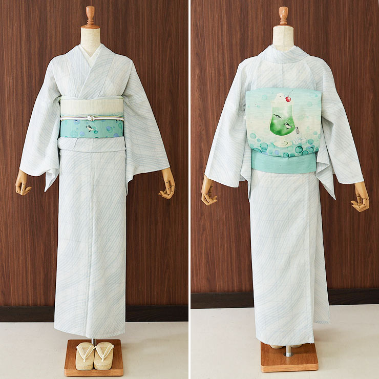 夏帯] 夏名古屋帯 クリームソーダ (麻/ブルー) リネン 日本製 名古屋帯