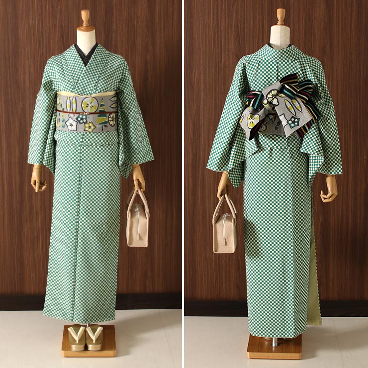 日本製 ］洗える 着物 お仕立て上がり 袷 プレタ 市松 （花緑青