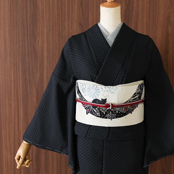 召しませ花 京袋帯 正絹 染 花月夜見の黒猫（グレー）京袋名古屋