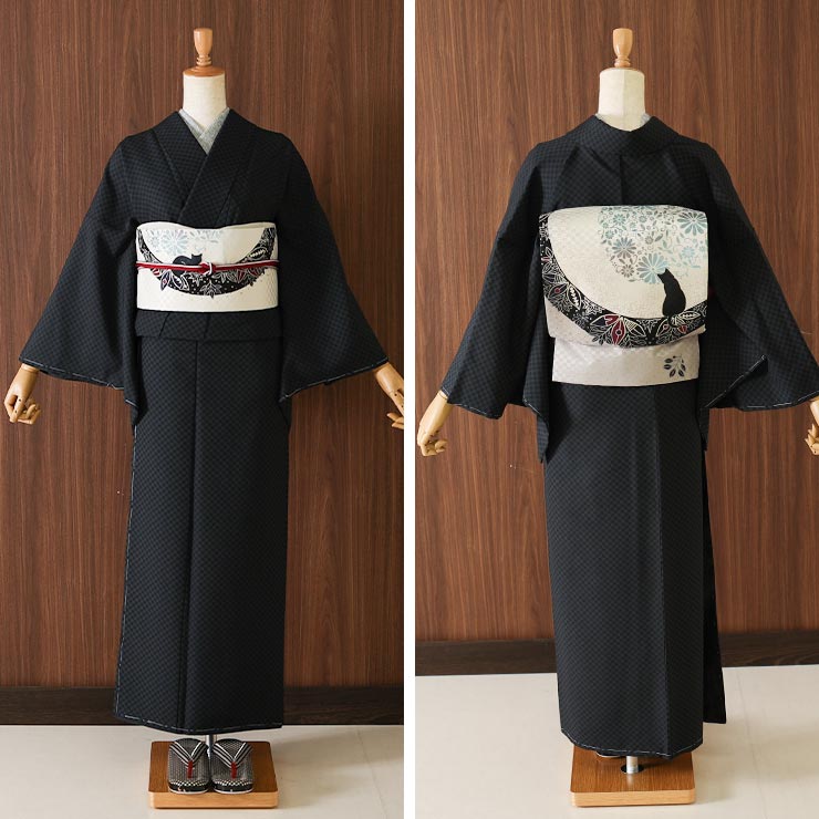 召しませ花 京袋帯 正絹 染 花月夜見の黒猫（グレー）京袋名古屋