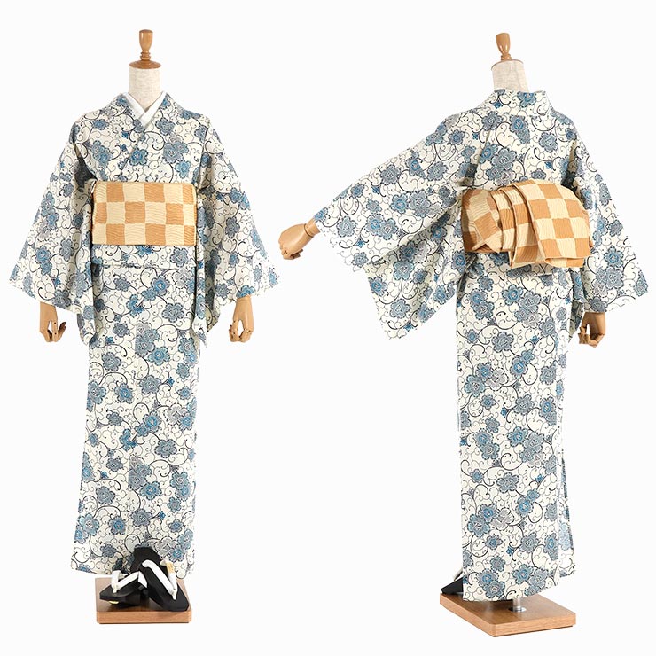 新品JAPANMODE 浴衣反物東レセオαポリ　花唐草アイボリーブラック　日本製 セオα] 浴衣 反物 花唐草 (オフシロ) 洗える ゆかた 夏きもの お誂え