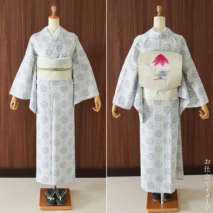 セオα 浴衣 反物 花万華鏡 (白地×ネイビー) 洗える ゆかた 夏