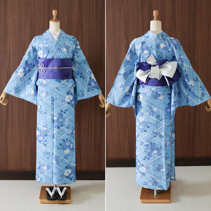 【彩(いろどり)】竹に花模様/セオα/広衿/夏着物・浴衣/M/159・66 セオα] 浴衣 反物 花竹垣 (水色) 洗える ゆかた 夏きもの お誂え 花