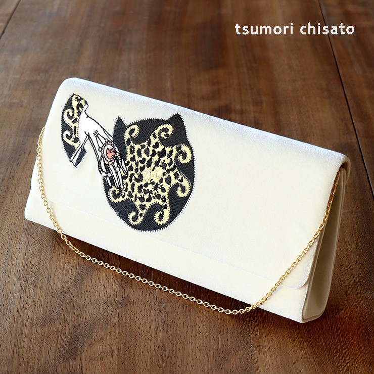 特別価格 tsumori chisato ツモリチサト クラッチバッグ ハンド(ホワイト ベロア調) チェーン付 刺繍 白 金 黒 赤 ラインストーン  猫 ドレッシー モード 個性的