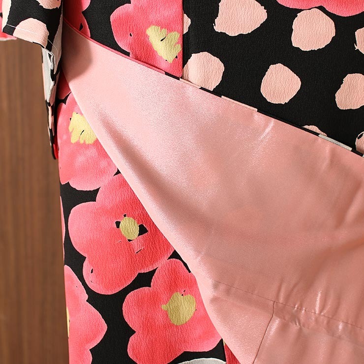 洗える 小紋 着物 袷 フラワー横段 黒 (282-a) 日本製 プレタ着物