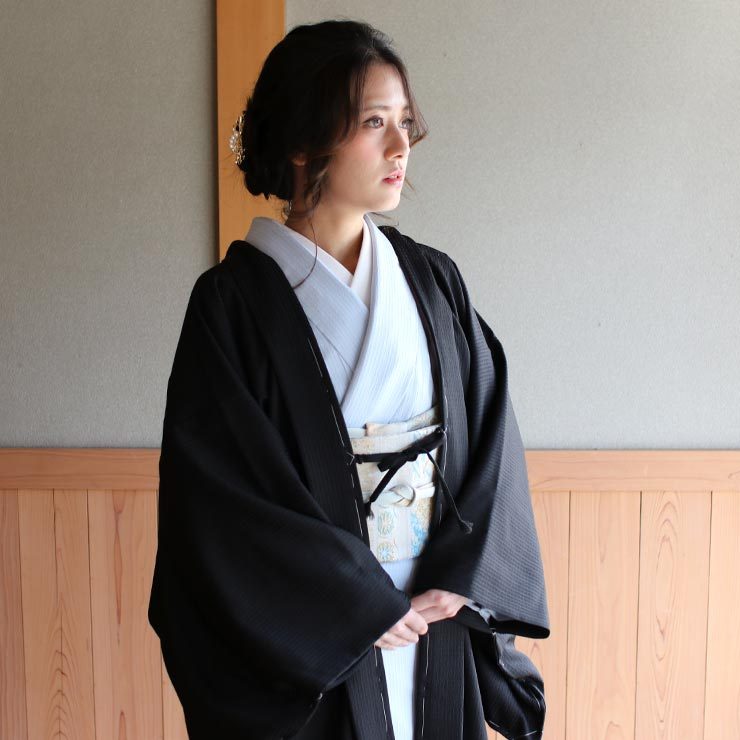 長羽織 女性 洗える 色無地 格子地紋 黒 袷 日本製 着物 羽織 長はおり