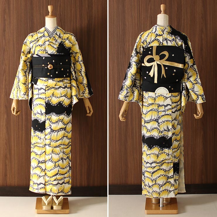 茄子紺パープル×黄×黒×白水玉】アフリカ布から二部式帯