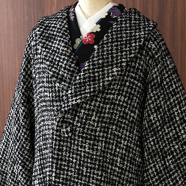 希少 黒入荷！ 和装 モダン 黒 白 モノトーン ロングコート 千鳥格子 コート ジャケット・アウター